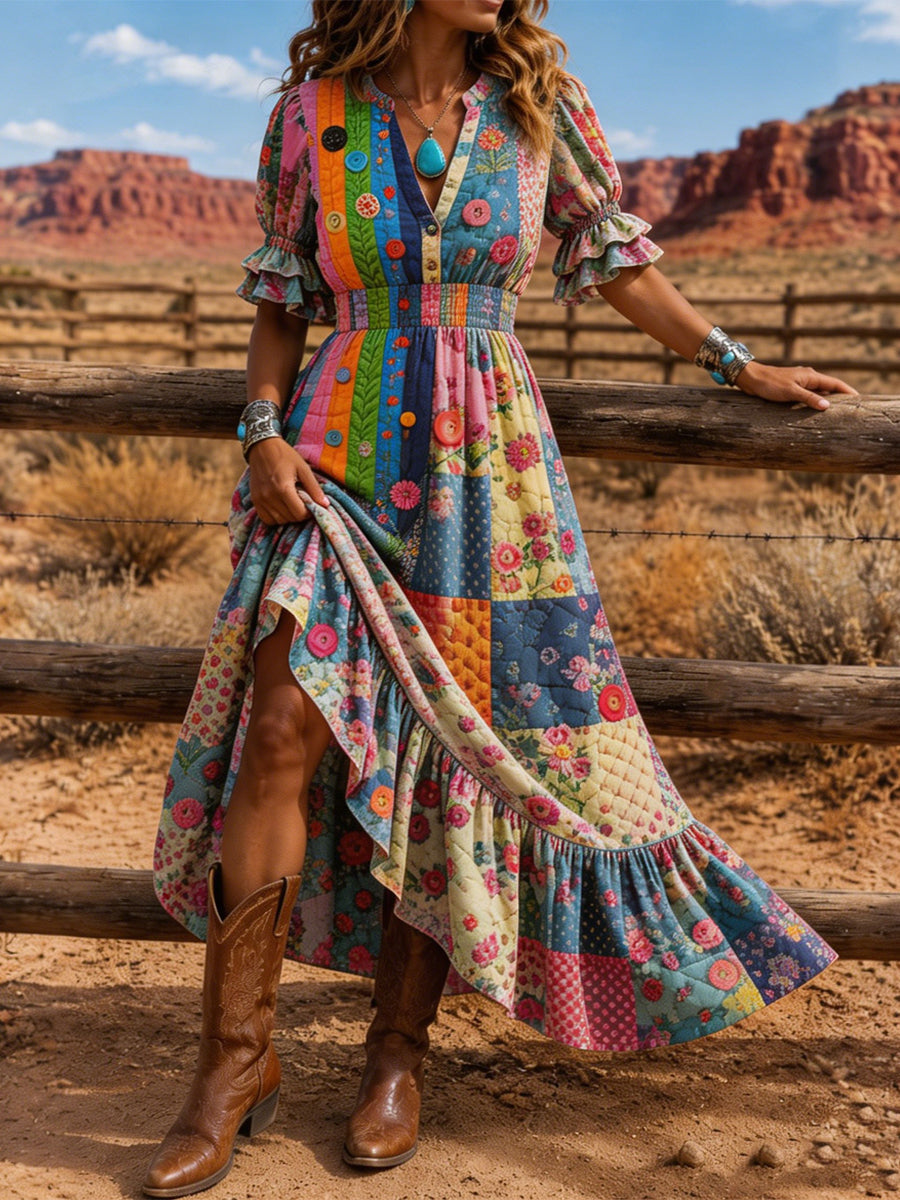 Women's Retro Art Print Washed Cotton Layered Patchwork Midi Dress